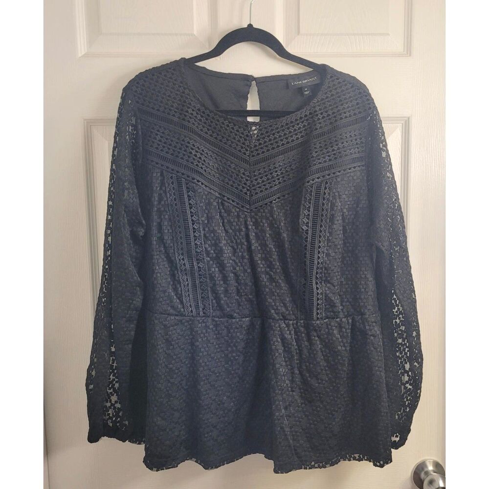 Lane Bryant Size18 Black Lace Peplum Blouse Sheer Sleeve Romantic Boho Plus